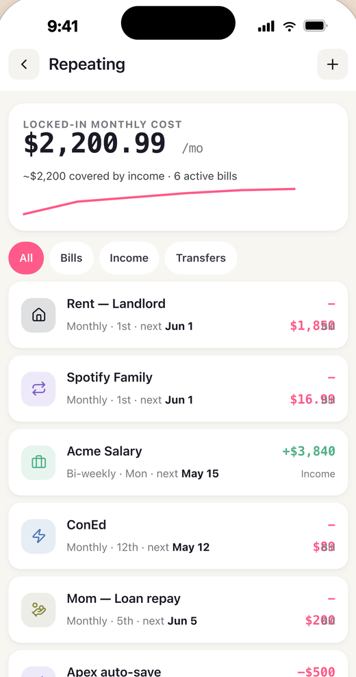 Centli recurring bills screen